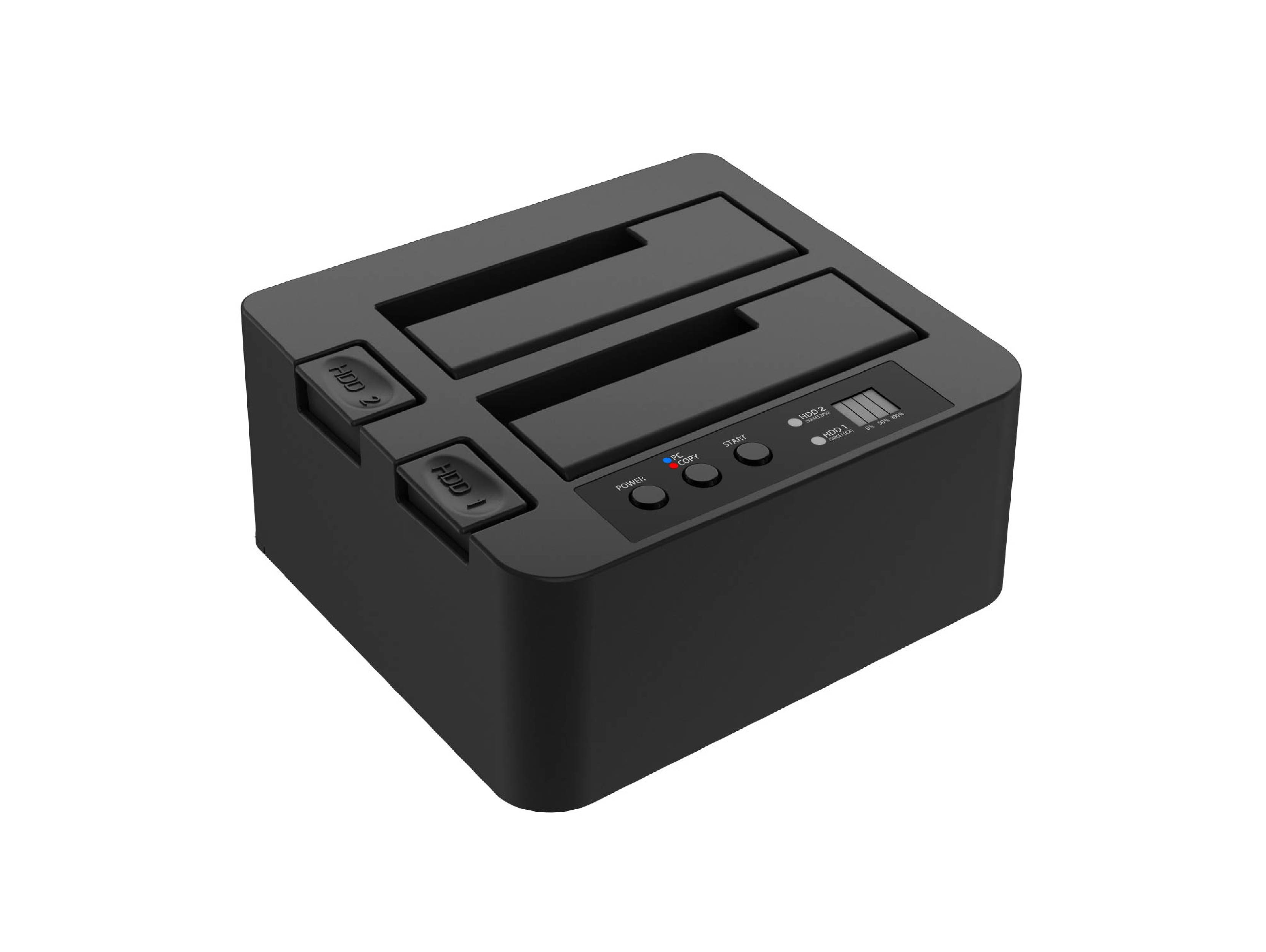 2 Bay SATA SSD/HDD Duplicator Dock (SI-7928USJ3-D), applicable with 2x 3.5" or 2.5" SATA HDD/SSD, support PC mode & clone mode switchable, USB-B 5Gbps to host.